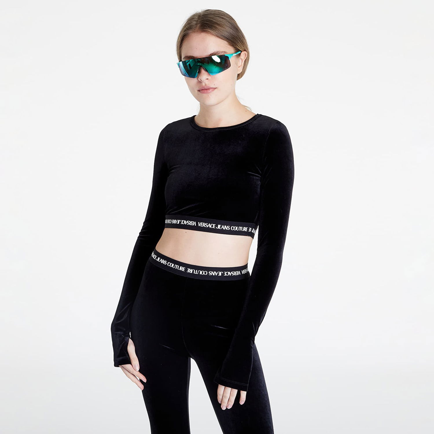 Crop top Versace Velvet Stretch T-Shirt Svart | 73HAH218J0008899, 0
