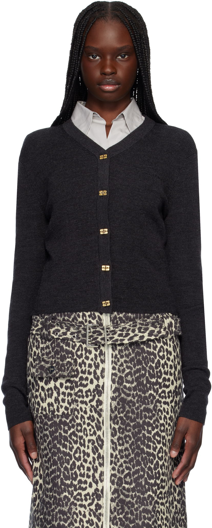 Sweater GANNI Ganni Mini Ribbed Merino Cardigan Grå | K2474