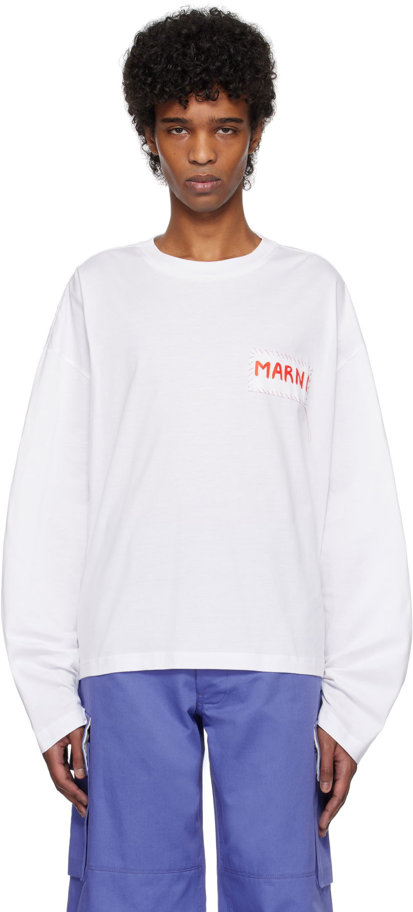 T-shirt Marni Marni Logo Patch Long Sleeve T-Shirt Vit | HUMU0325X1 UTC446