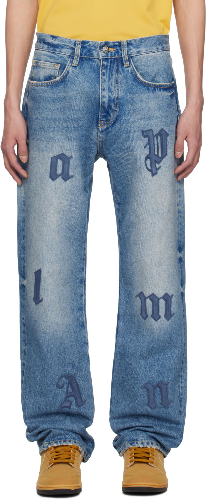 Jeans Palm Angels Palm Angels Logo Patch Straight Leg Jeans Blå | PMYA041S25DEN0064040
