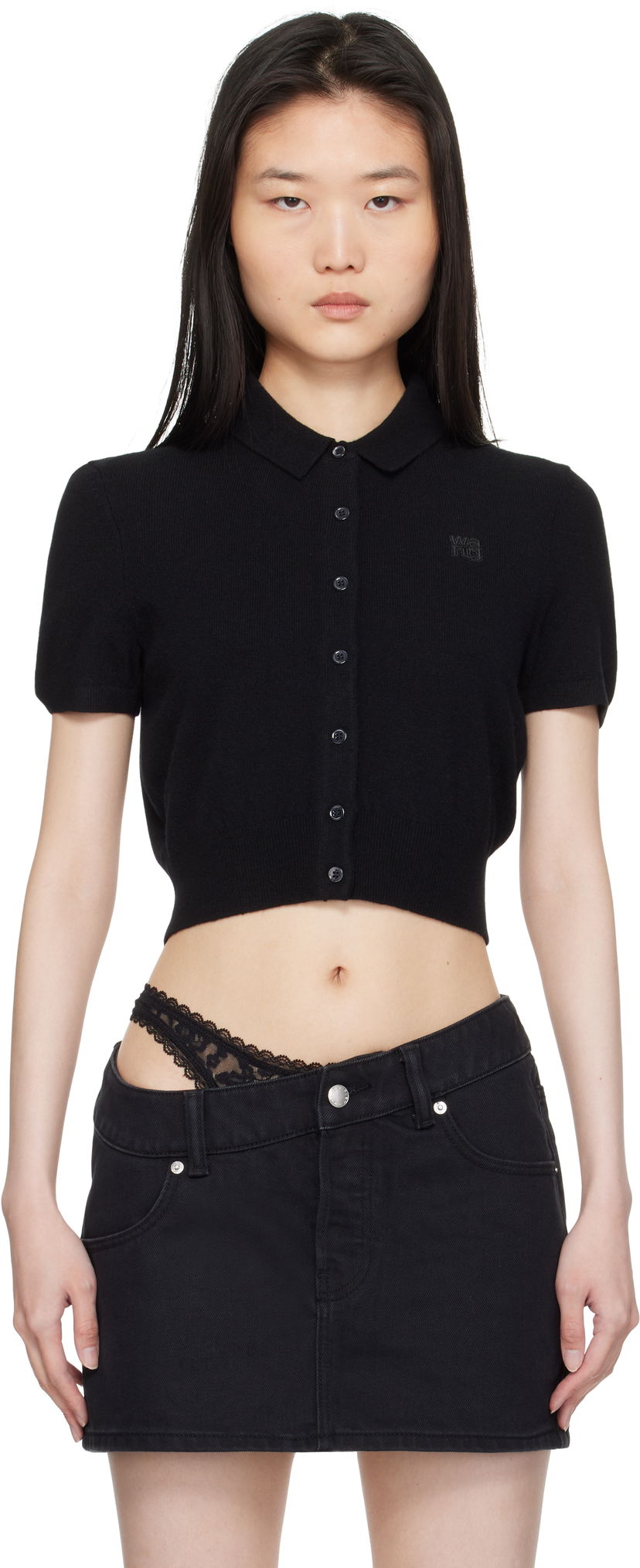 Kjol Alexander Wang Alexander Wang Embroidered Logo Polo Cardigan Svart | 4KC1253068