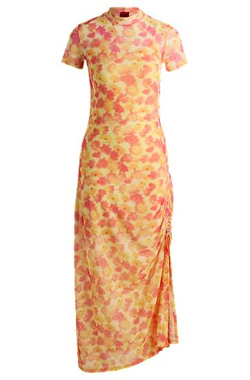 Klä BOSS Floral-Print Mesh Midi Dress with Ruched Side Gul | 50537179