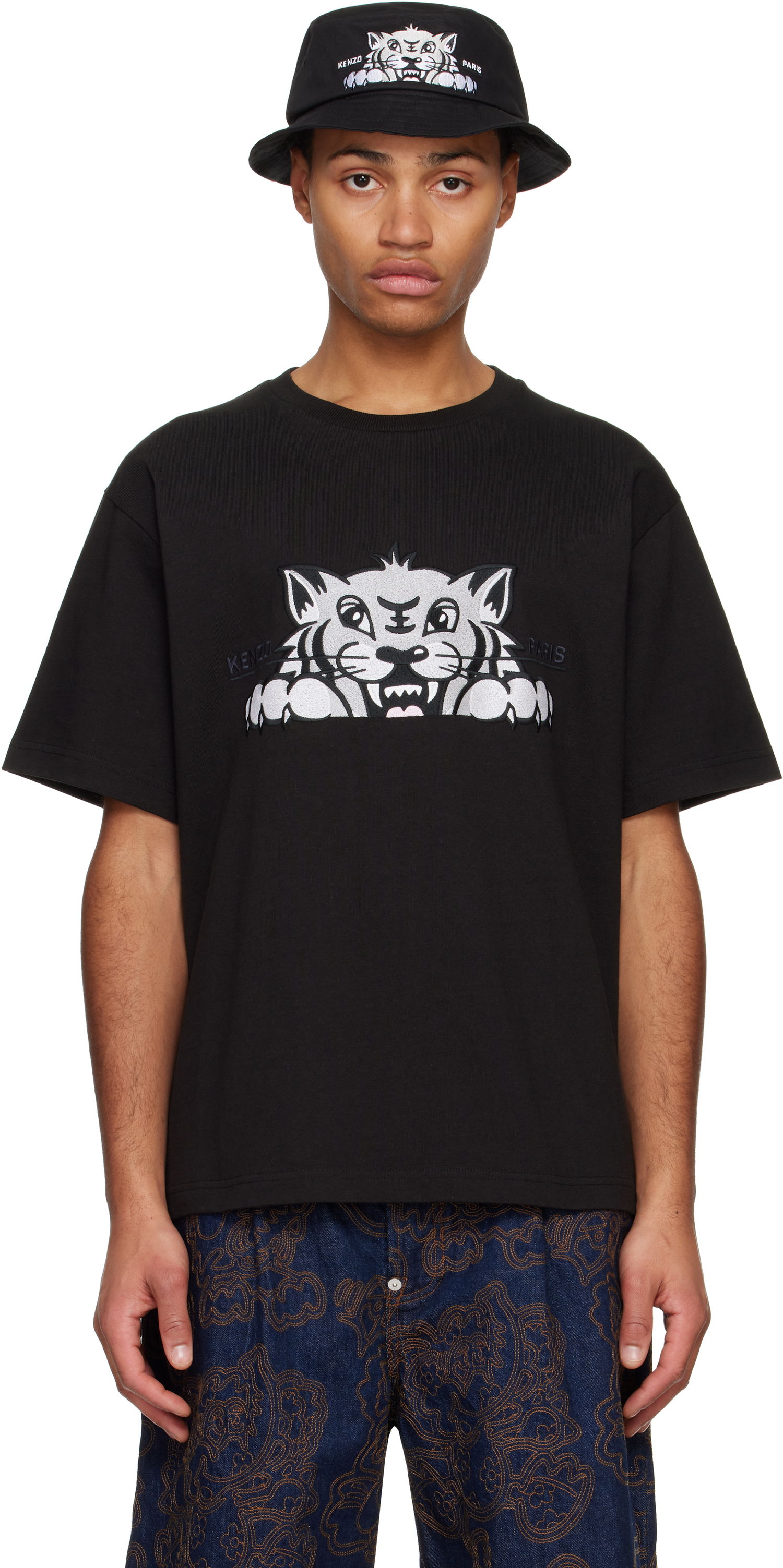 T-shirt KENZO Happy Tiger Embroidered T-Shirt Svart | FF55TS5264SI, 0
