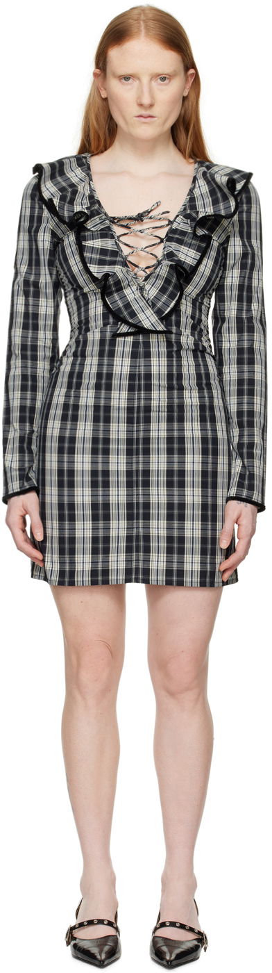 Klä GANNI Plaid Ruffle Lace-up Long-sleeve Minidress Flerfärgad | F8749