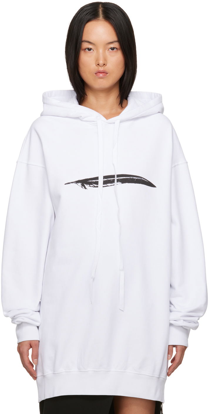 Sweatshirt Ann Demeulemeester Oversized Hoodie with Feather Print Vit | 2302-W-JSW01-24-FA185-001