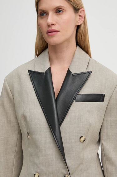 Jacka Nanushka Double Breasted Blazer with Faux Leather Trim Beige | NW24FWJK36770, 3