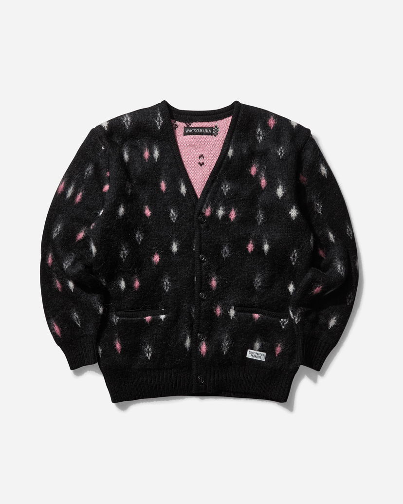 Sweater WACKO MARIA Diamond Pattern Heavy Mohair Cardigan Svart | 24FW-WMK-KN20 BLACK