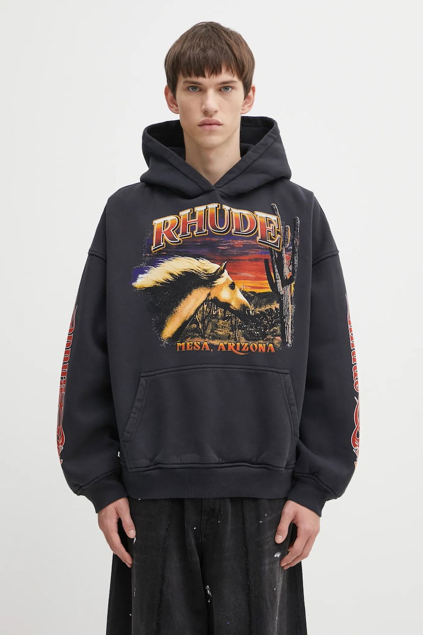 Sweatshirt Rhude Cotton Graphic Hooded Sweatshirt Mesa Arizona Stallion Svart | RHFW25HO04012