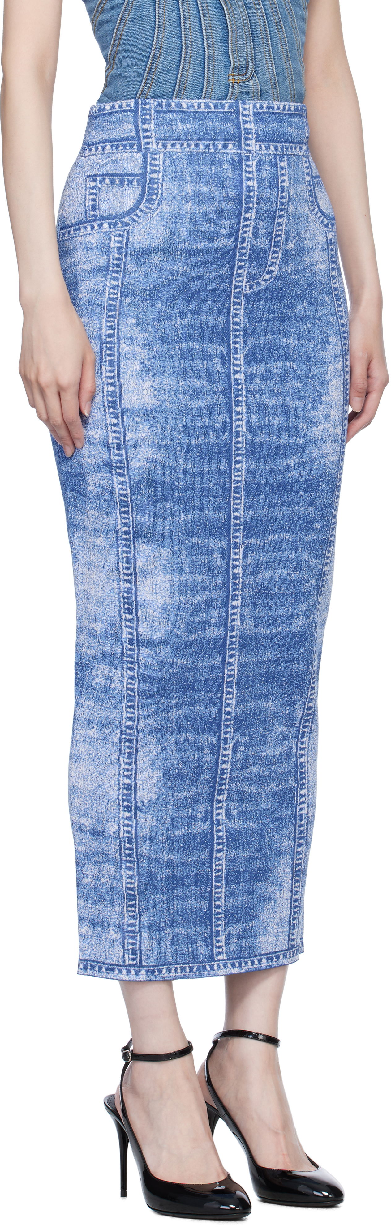 Kjol Balmain Denim Effect Knit Midi Skirt Blå | EF1LD475KH80, 1