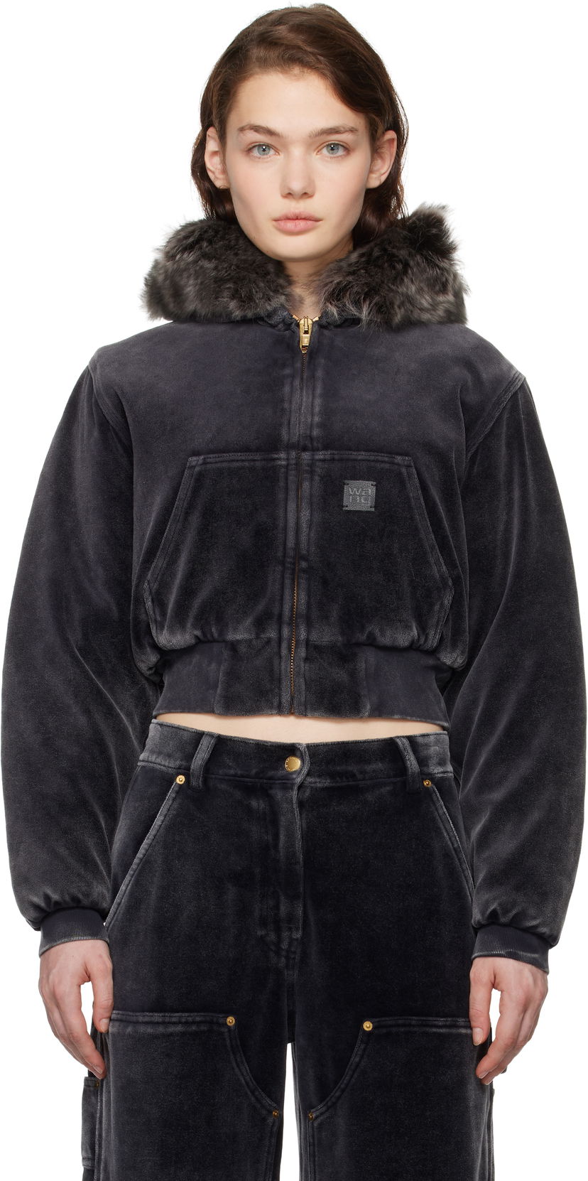Sweatshirt Alexander Wang Velour Workwear Shearling Trim Jacket Svart | 4CC4242106