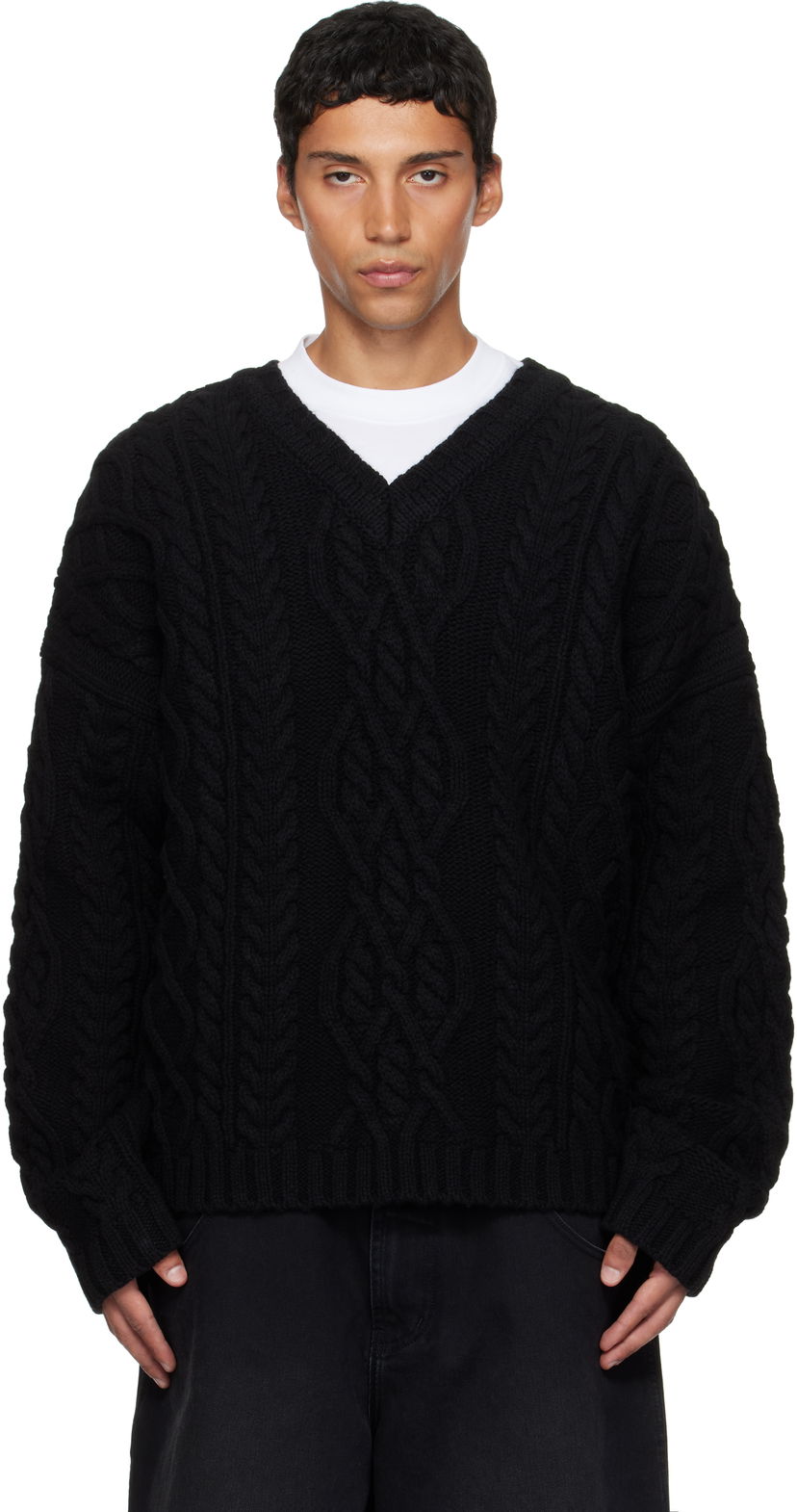 Sweater VETEMENTS VETEMENTS Cable Knit V-Neck Sweater Svart | UH76KN600B