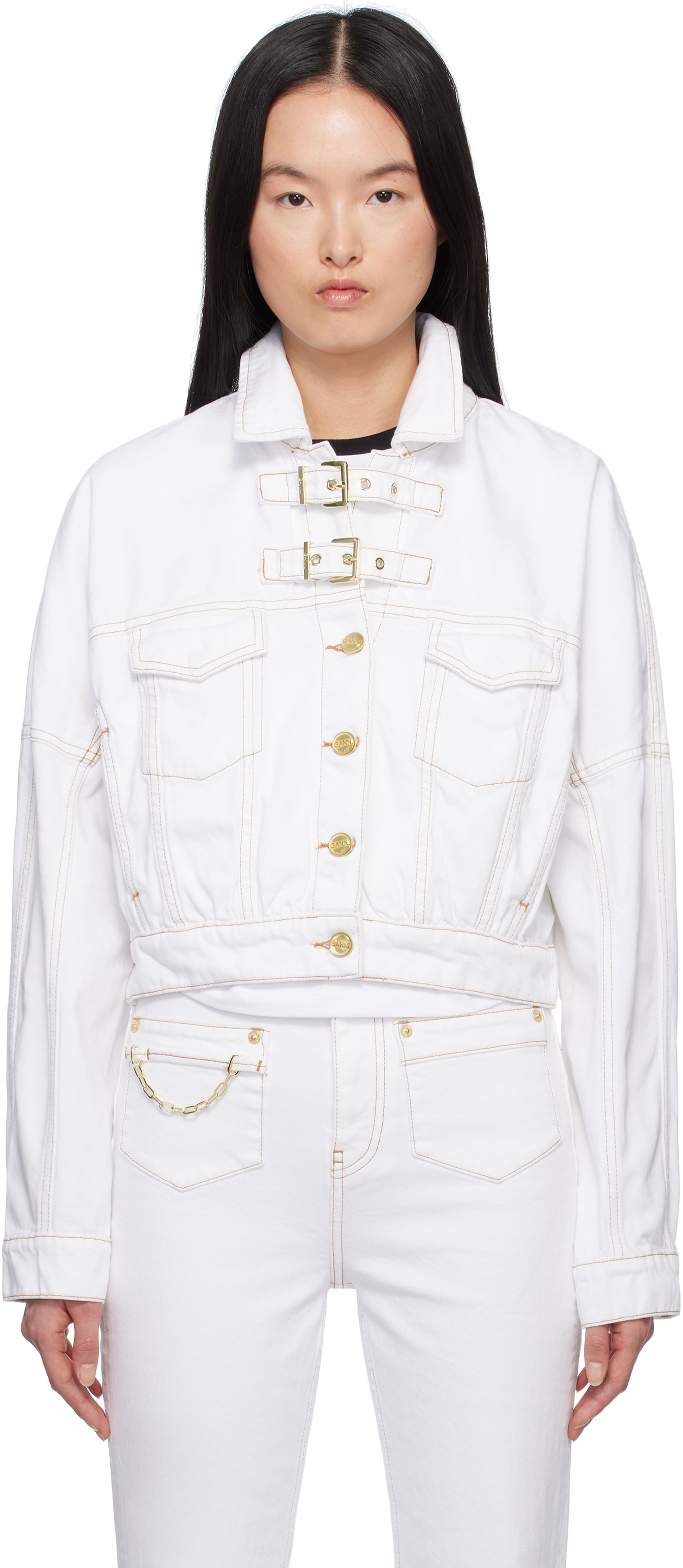 Jacka GANNI GANNI Pin-Buckle Cropped Denim Jacket Vit | J1658, 0