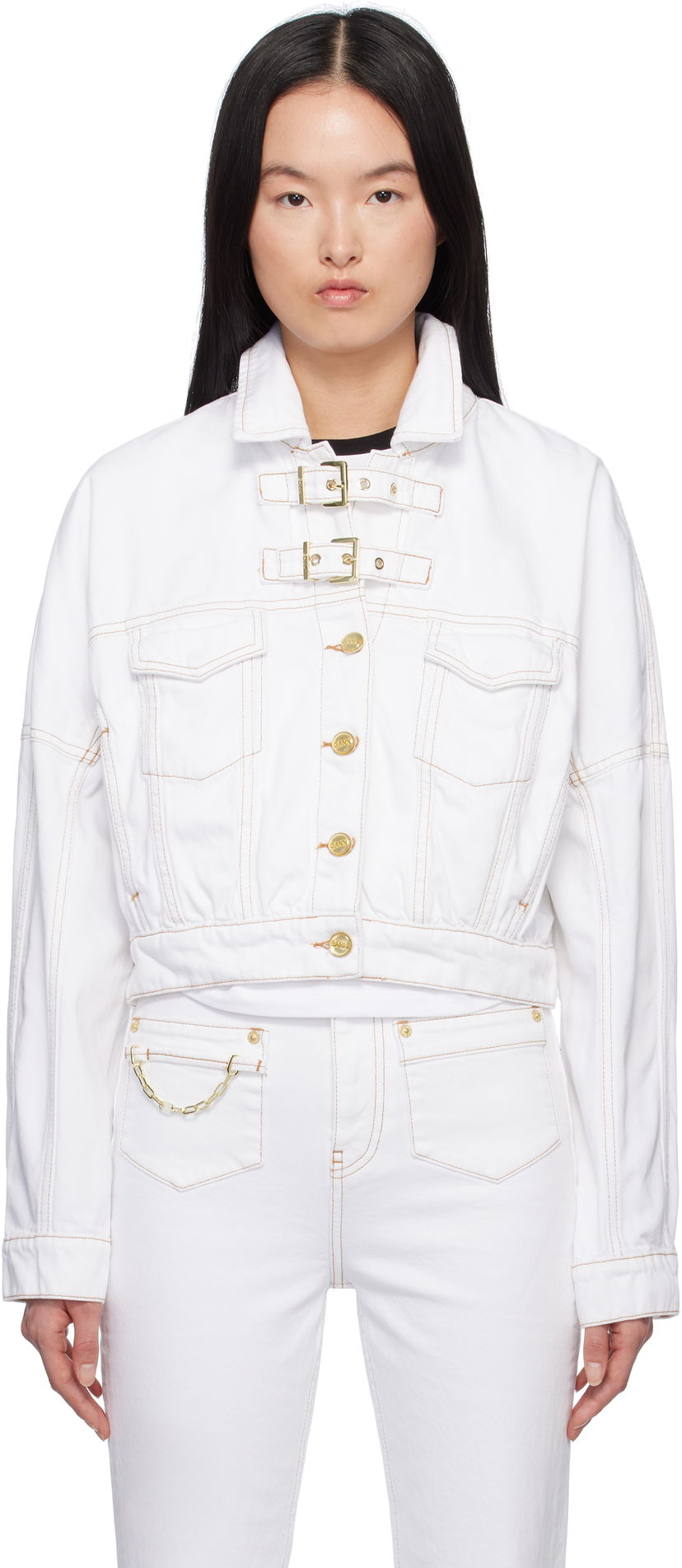 Jacka GANNI GANNI Pin-Buckle Cropped Denim Jacket Vit | J1658