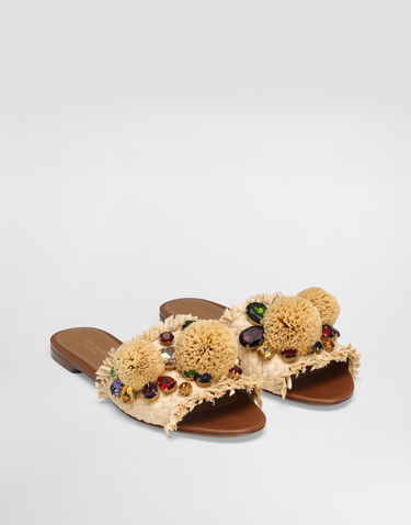 Tillbehör Dolce & Gabbana Dolce & Gabbana Braided Fringed Raffia Slide Sandals with Pompoms and Jewels Beige | CQ0648AM4478B139, 1