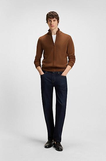 Sweater BOSS Virgin Wool Zip-Up Cardigan Brun | 50543153, 1