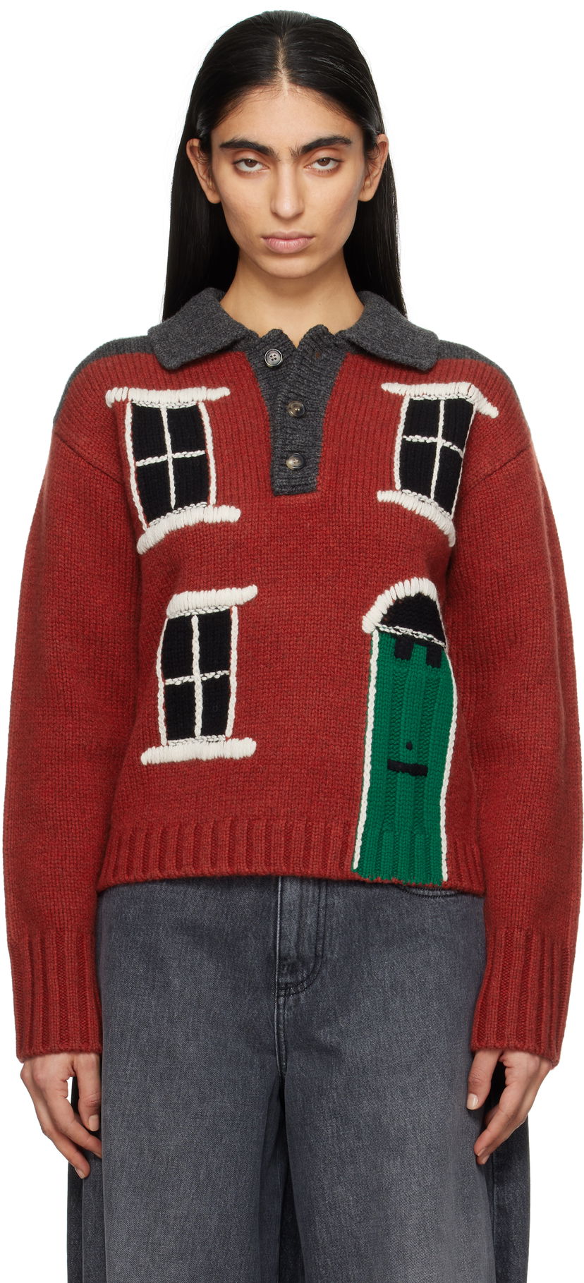 Sweater JW Anderson JW Anderson House Intarsia Polo Sweater Röd | KW1405-YN0413