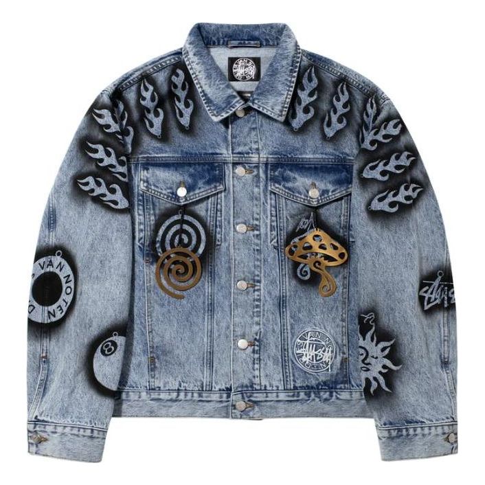 Jacka Stüssy Stussy x Dries Van Noten Hand-Stencilled Denim Jacket Blå | 315294