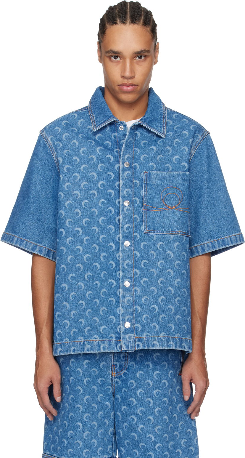 Skjorta Marine Serre Marine Serre Moon Laser Workwear Denim Shirt Blå | MSI017A CDEN0002