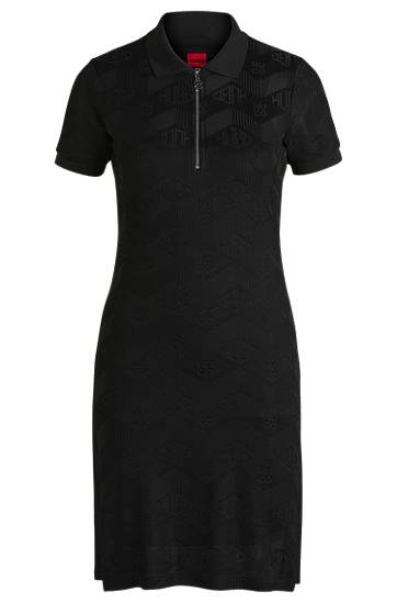 Klä BOSS Jacquard Knit Dress with Logo Zip Placket Svart | 50537774