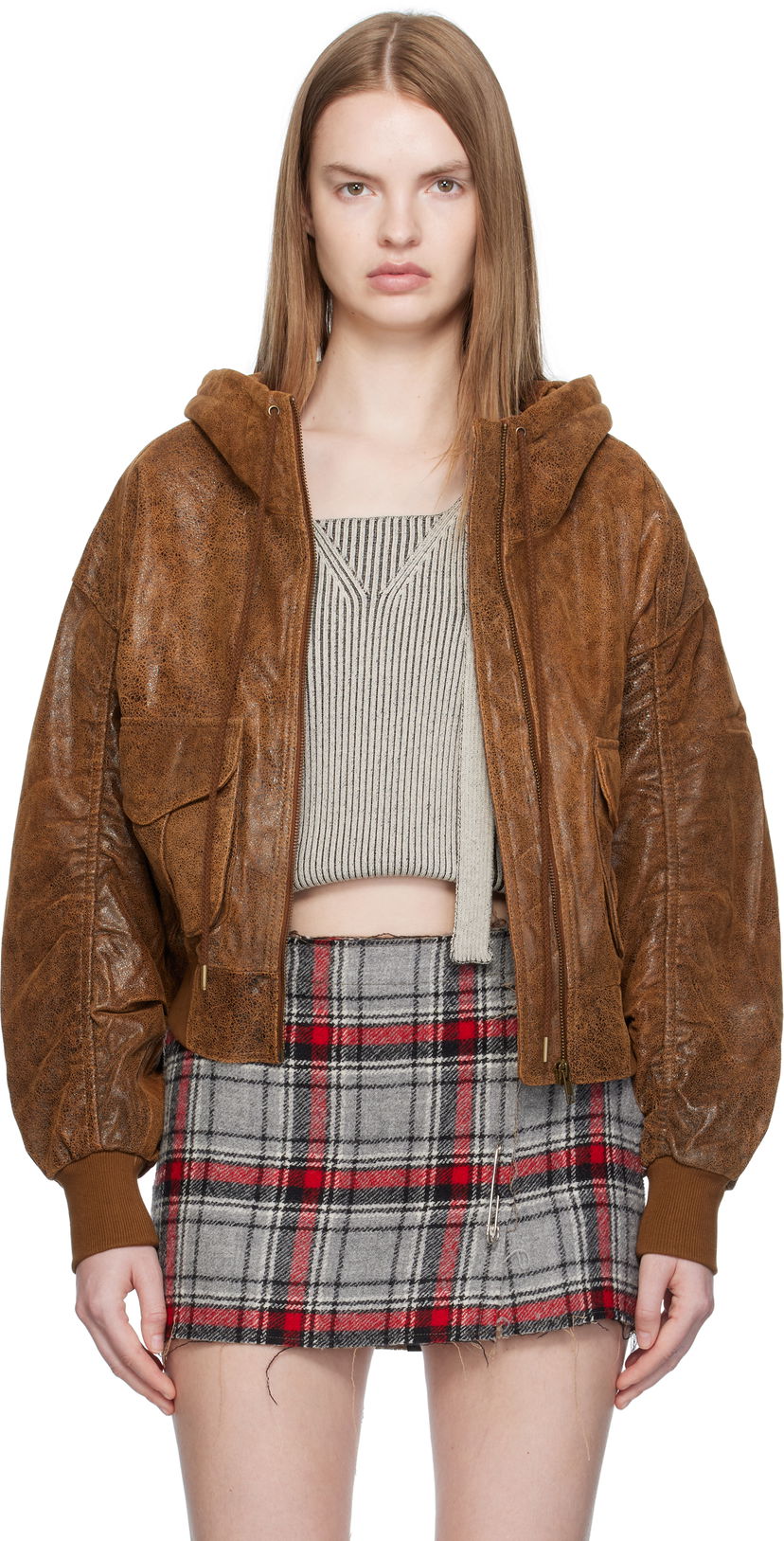 Bomberjacka R13 R13 Shirred Oversized Leather Bomber Jacket Brun | R13WR429-R540A