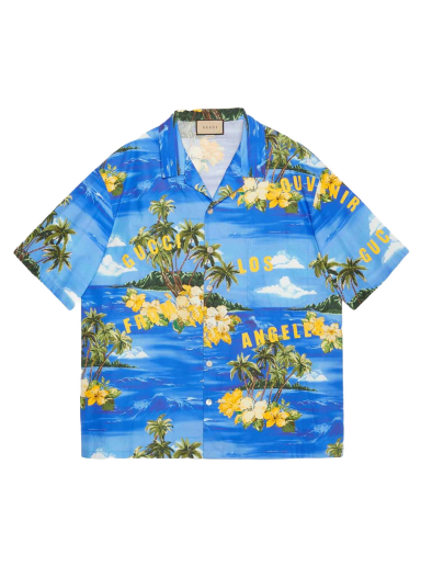 Skjorta Gucci Printed Cotton Bowling Shirt Blå | 694125 ZAJSR 4464
