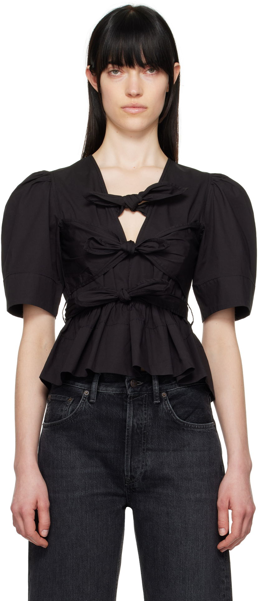 Crop top GANNI Ganni Tie Strap Stretch Cotton Peplum Blouse Svart | W0378