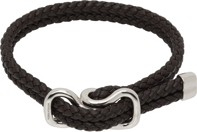 Armband Bottega Veneta Bottega Veneta Braided Leather Bracelet with Silver-Tone Clasp Svart | 829387V507C2113