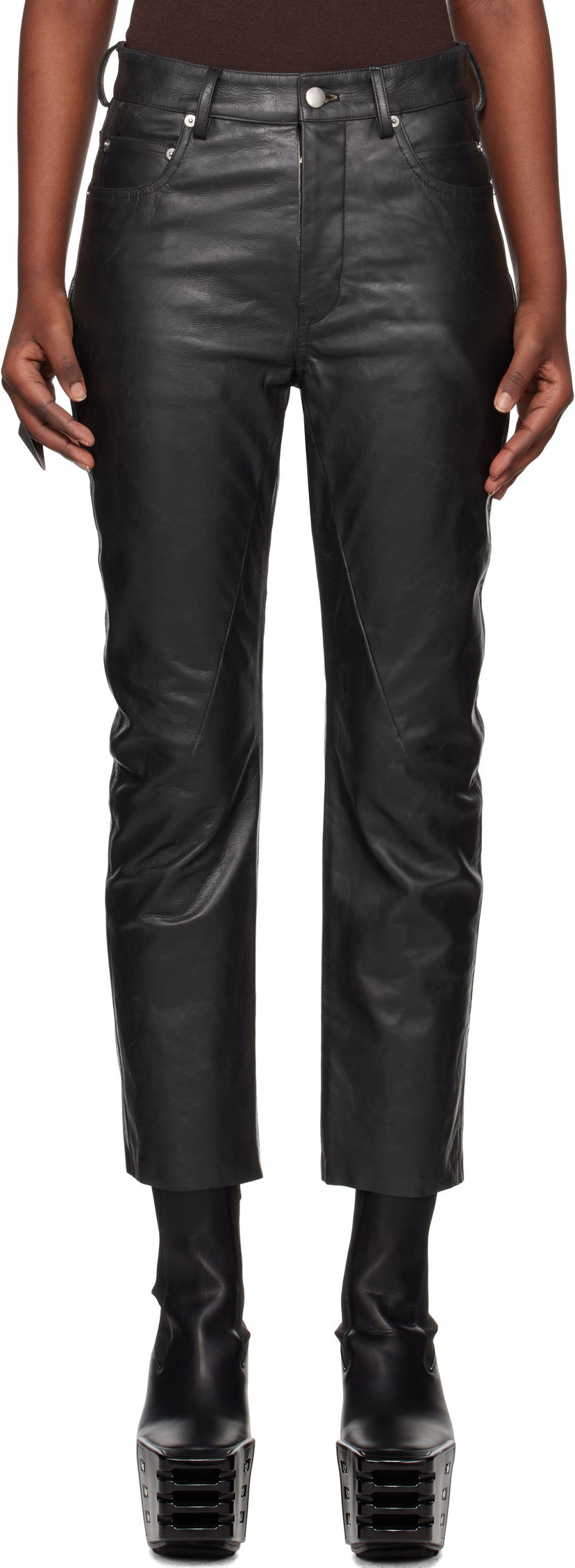 Byxor Rick Owens Rick Owens Hollywood Detroit Cut Leather Pants Svart | RP01E7324 LTP