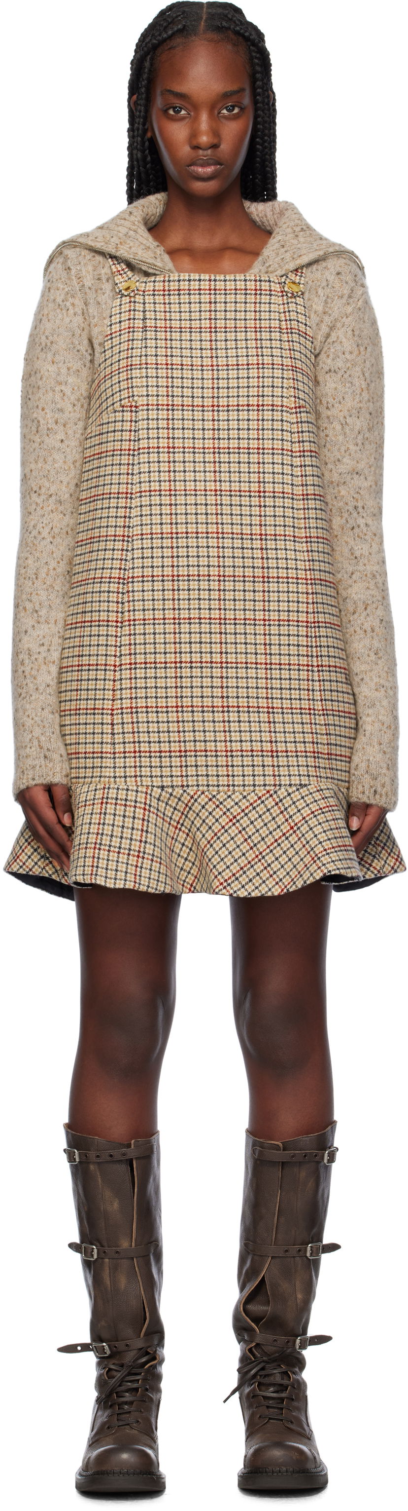 Klä GANNI Check Print Ruffle Hem Mini Dress Beige | F9695