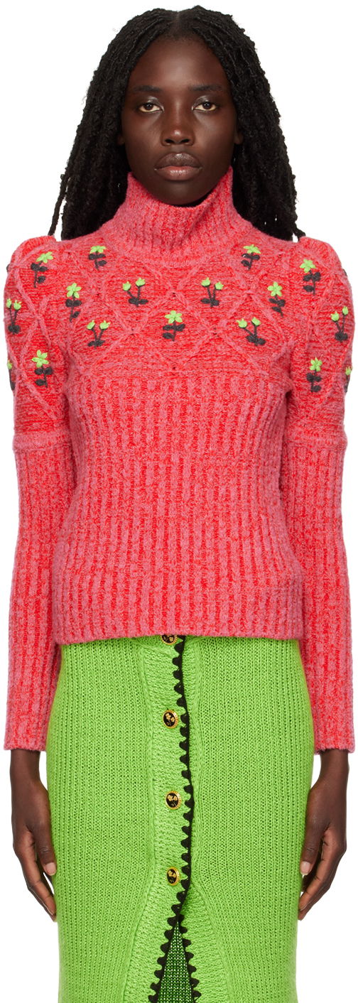 Sweater CORMIO Floral Embroidered Turtleneck Sweater Röd | OMA TURTLENECK 5