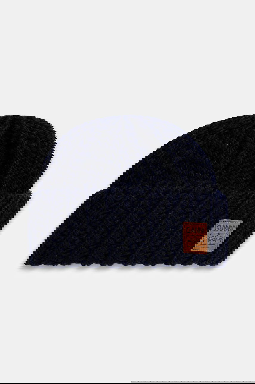 Mössa GANNI Graphic Wool Hand Knit Beanie Mörkblå | A7171, 0