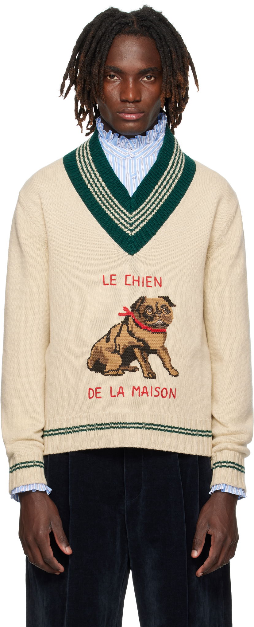 Sweater Valentino Valentino 'Le Chien De La Maison' Jacquard Wool V-Neck Sweater Beige | 7V3KC35EB2M
