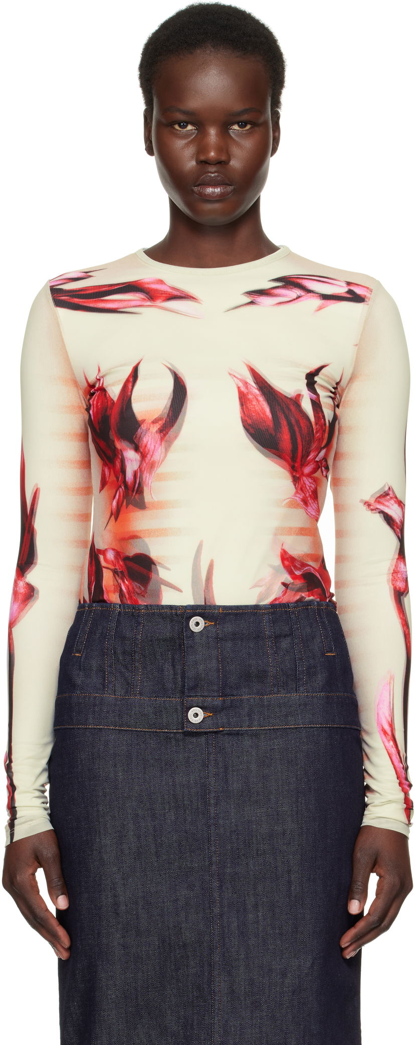 T-shirt Jean Paul Gaultier Jean Paul Gaultier 'The Flower Body Morphing Marinière' Long Sleeve T-Shirt Beige | 25/33-F-TO264-T581-422030