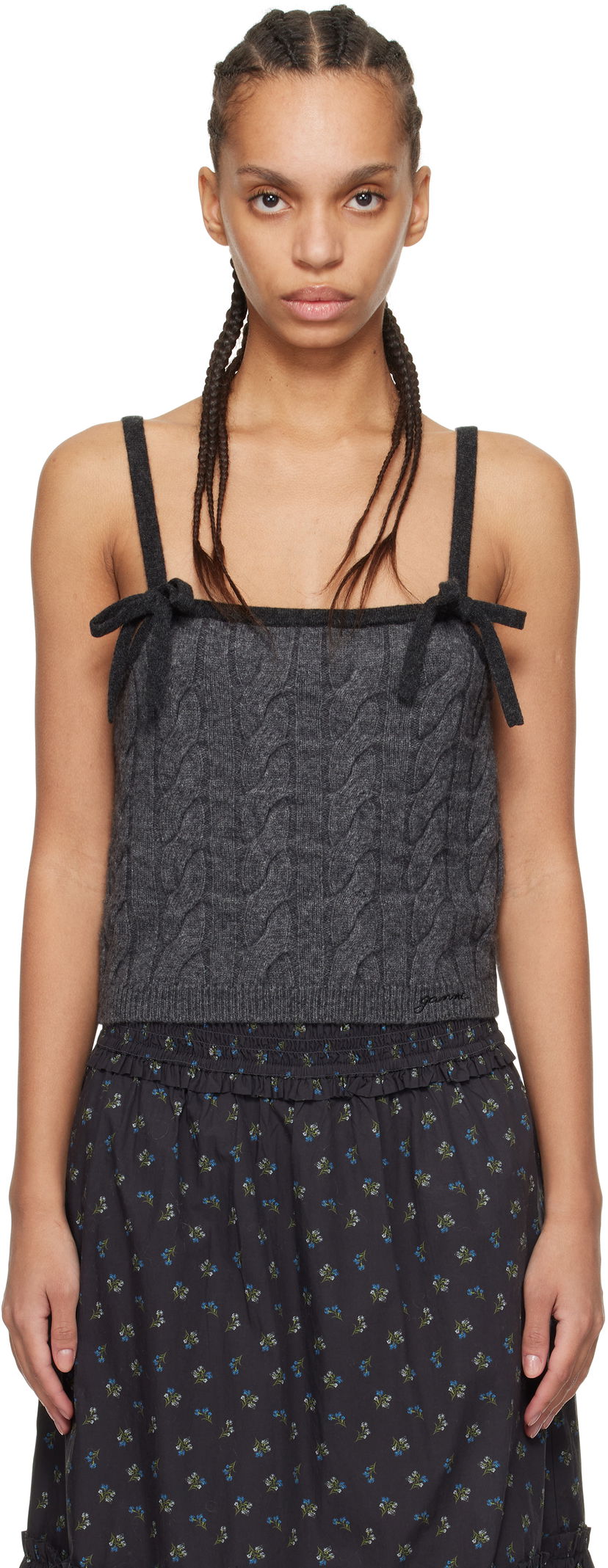 Linne GANNI Gray Cashmere Mix Strap Tank Top Svart | K2417