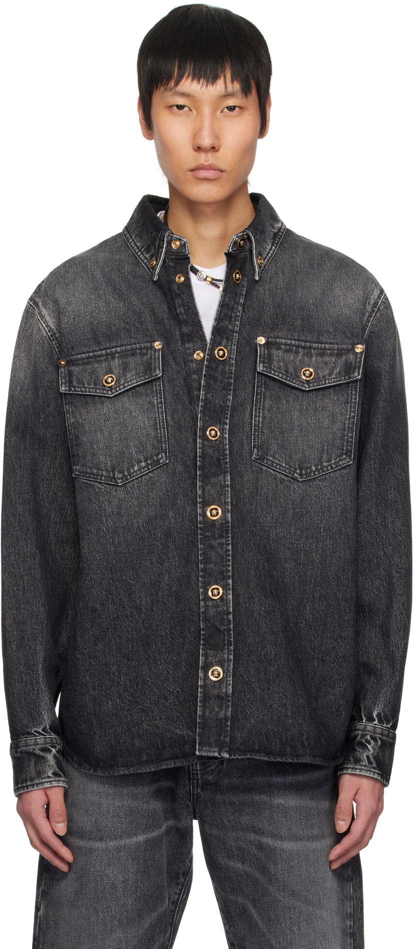 Skjorta Versace Versace Stonewashed Denim Overshirt Svart | 1013887_1A13718