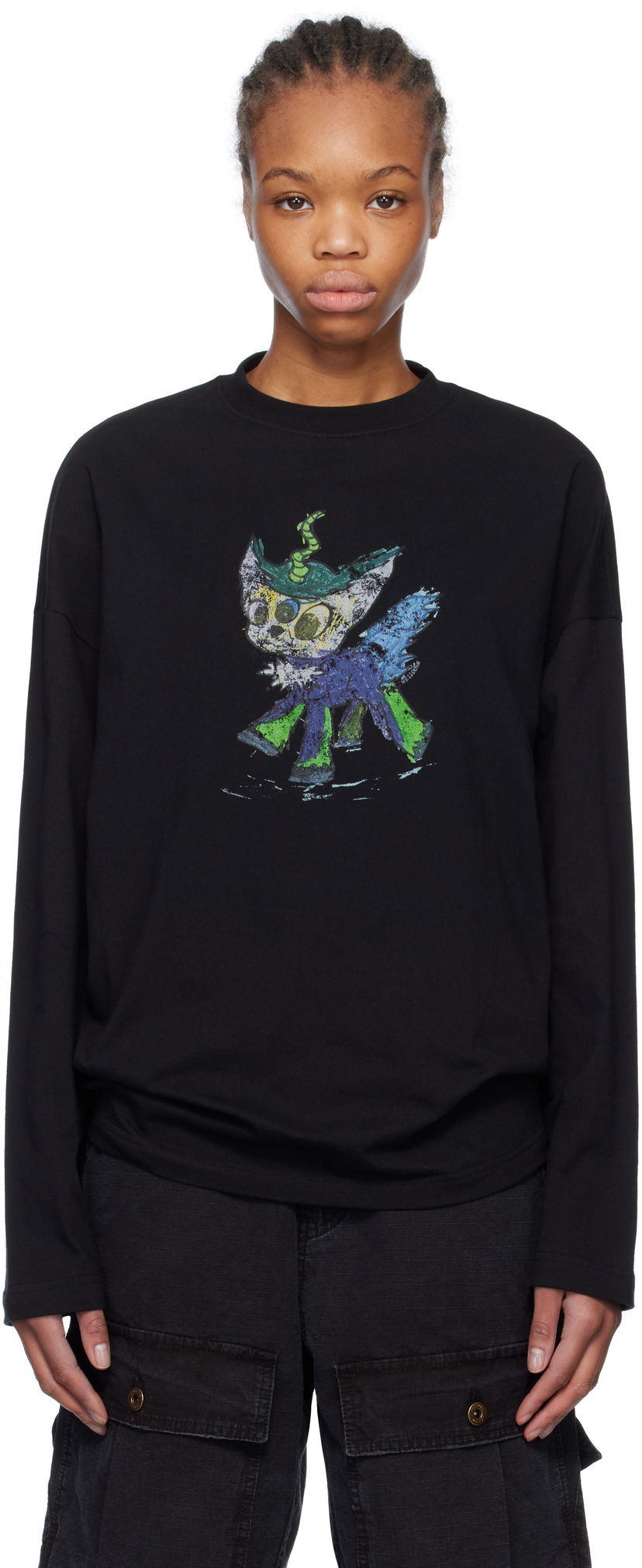 T-shirt We11done We11done Monster Drawing Long Sleeve T-Shirt Svart | WD-TT0-25-745-U-BK
