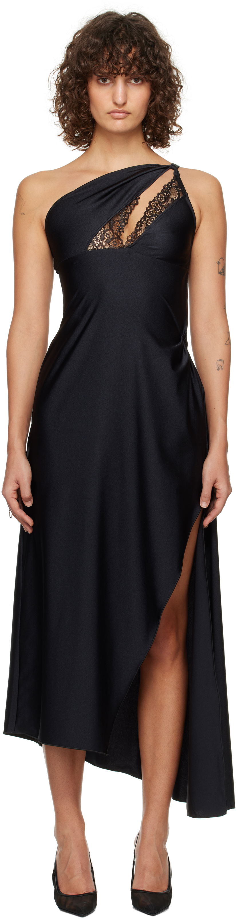 Klä Coperni Asymmetric Lace Midi Dress Svart | COPR135545