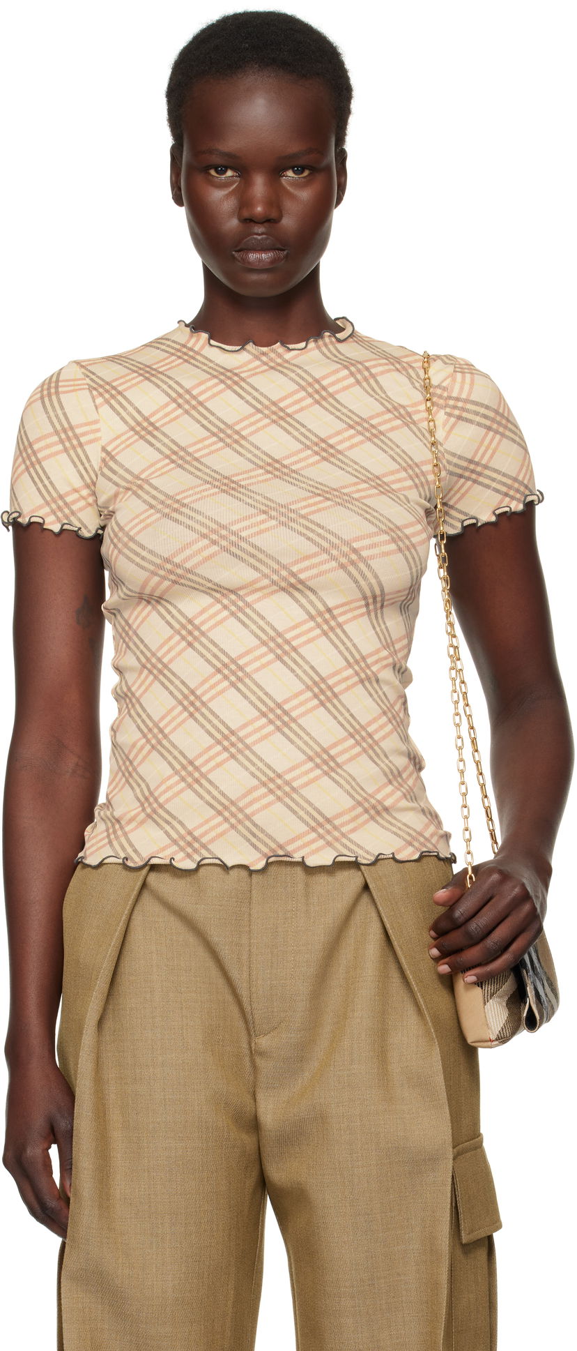 T-shirt Burberry Check Stretch Cotton T-Shirt Beige | 8101025