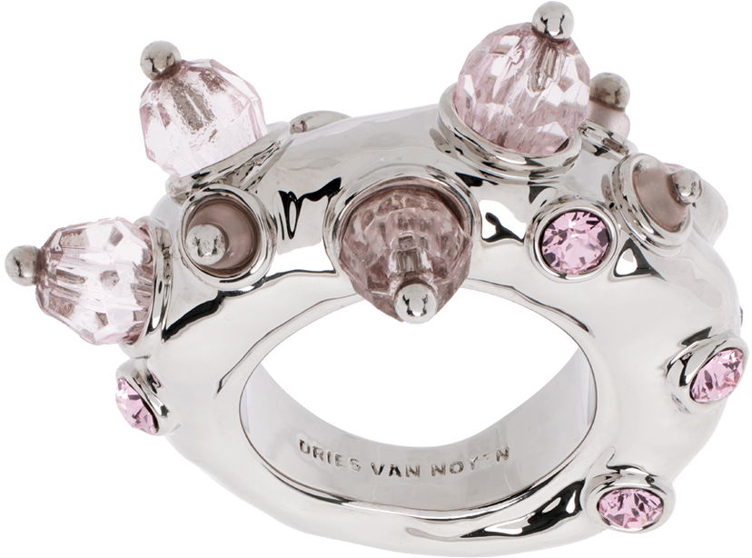 Ringa Dries Van Noten Silver & Pink Beaded Ring Grå | 242-018231-055