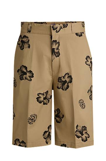 Shorts BOSS Baggy-Fit Hibiscus-Print Stretch-Cotton Twill Shorts Beige | 50542159, 0