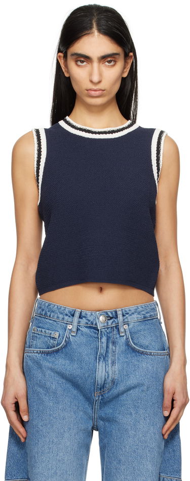 Linne rag & bone Rag & Bone Meghan Striped Crochet-Trim Vest Mörkblå | WAS25S039EC39, 0