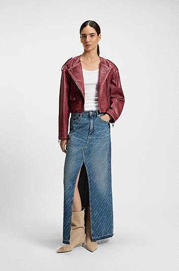 Kjol BOSS Long Denim Skirt with Logo Pinstripe and Front Slit Blå | 50542445, 1