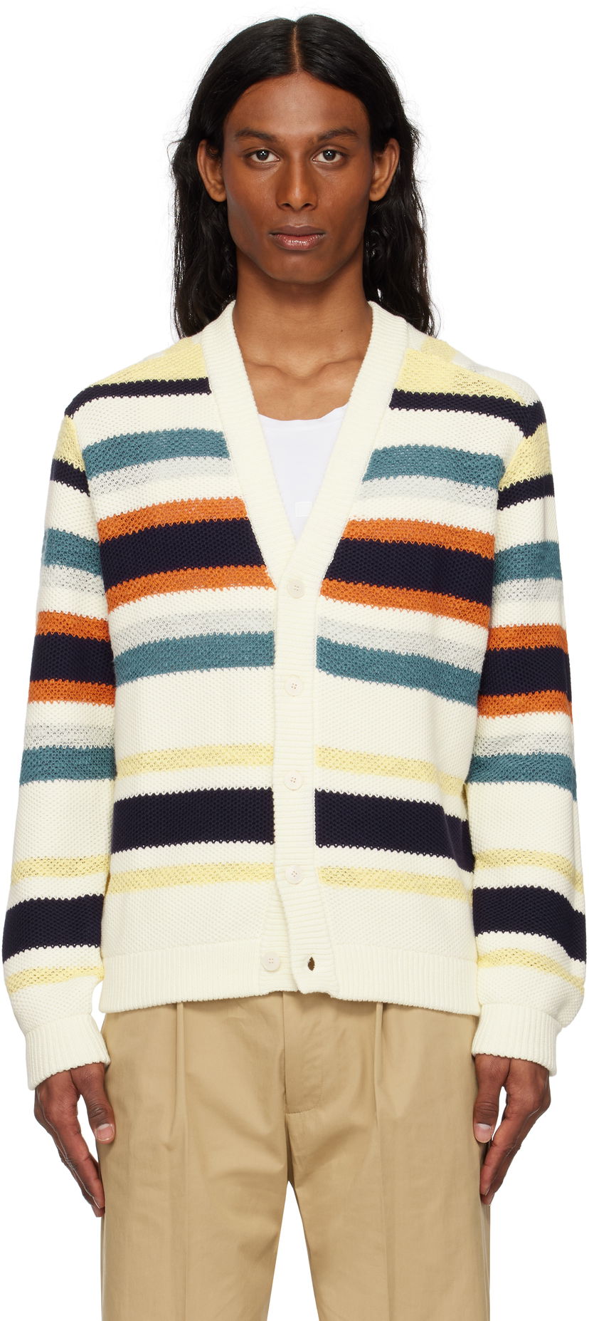 Sweater MAISON KITSUNÉ Maison Kitsuné Comfort Striped Knit Cardigan Vit | OM00506KT1129