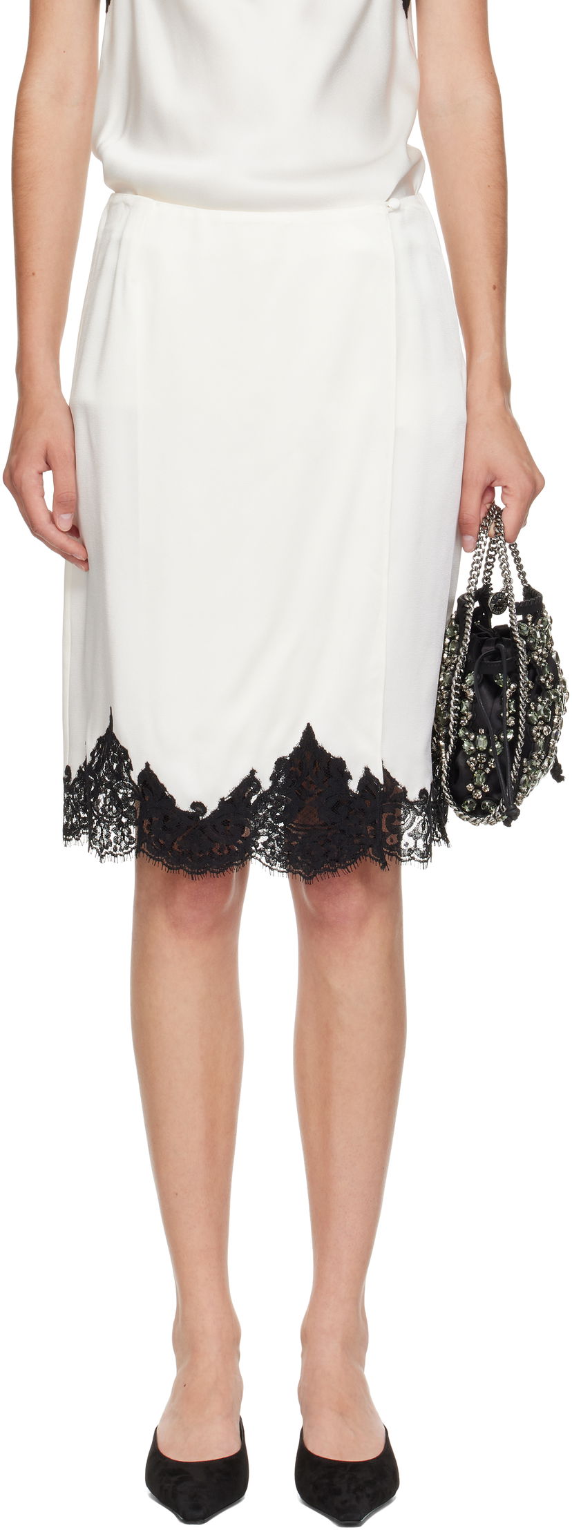 Kjol Stella McCartney Stella McCartney Satin Midi Skirt with Lace Vit | 6301443FU302