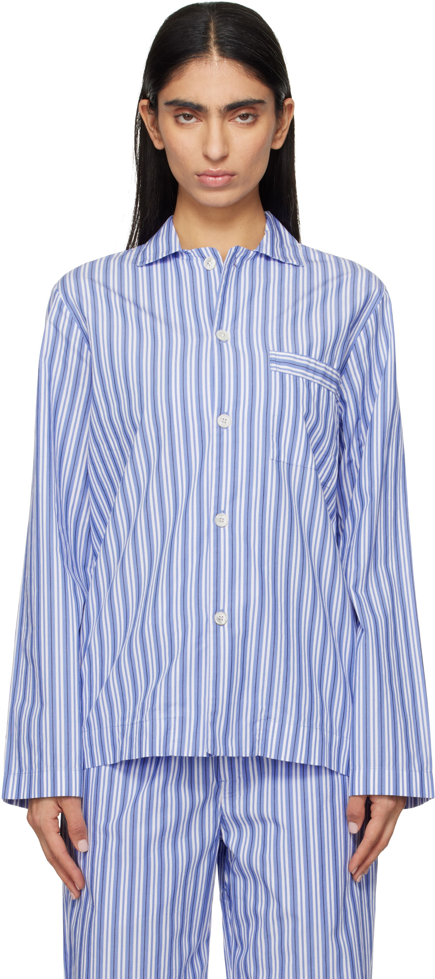 Skjorta TEKLA Striped Poplin Long-Sleeved Pajama Shirt Blå | SWT-PES, 0