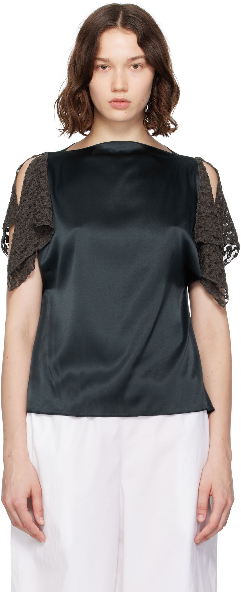 Linne Baserange Baserange Olin Silk Blouse with Lace Sleeves Grön | TOOL-SS-SU25