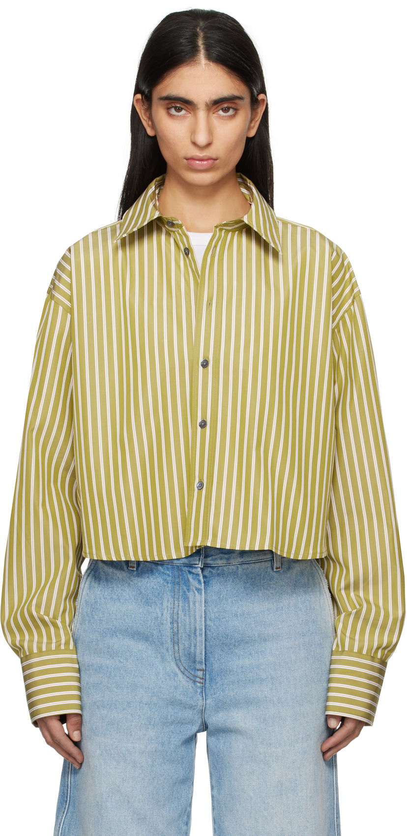 Skjorta AMI AMI Paris Cropped Oversized Striped Shirt Grön | USH121.CO0108