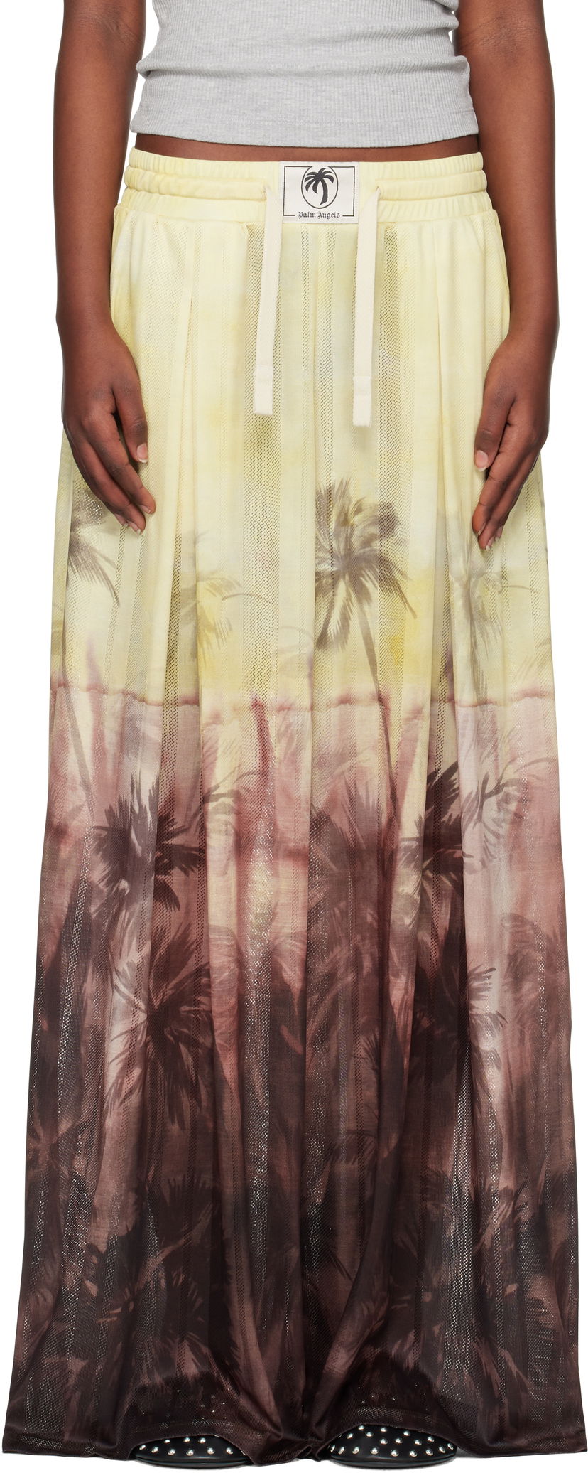 Kjol Palm Angels Palm Angels Sunset Palms Mesh Trousers Gul | PWCA154S25FAB0012010