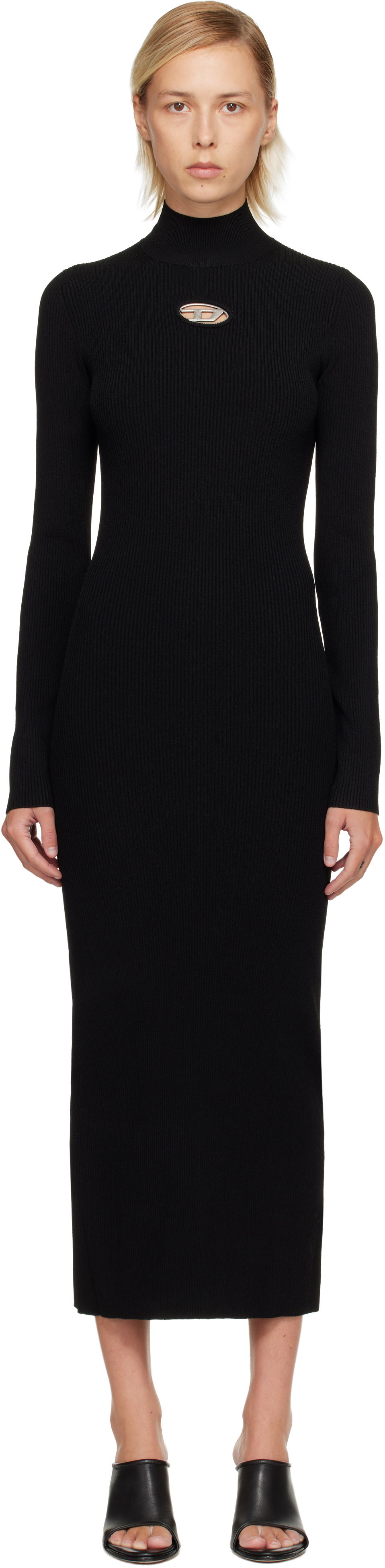 Klä Diesel Ribbed knit long-sleeve mock neck maxi dress with metallic cut-out Svart | A14186 0DLAX, 0