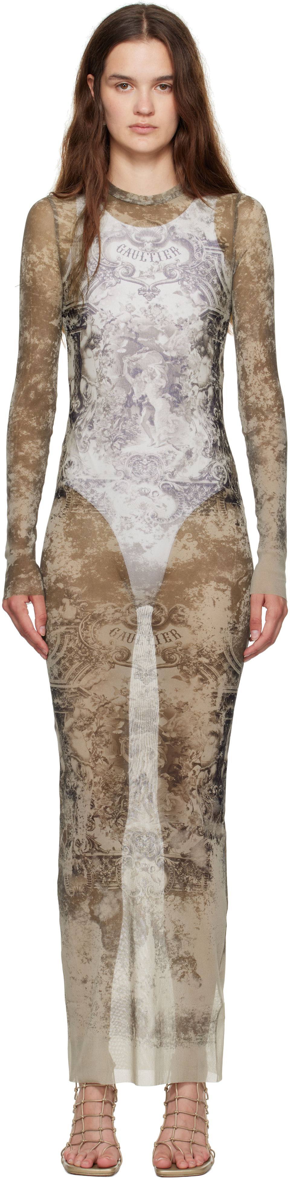 Klä Jean Paul Gaultier Jean Paul Gaultier 'The Long Médaillon' Mesh Maxi Dress Beige | 25/03-W-DR023-M006P-6965, 0